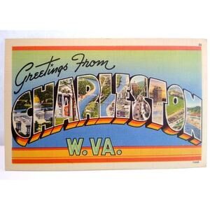 Greetings From Charleston West Virginia Large Big Letter Postcard Linen WV